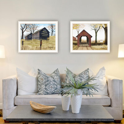 Trendy Decor 4U 2- Piece Vignette Mail Pouch Barn & Buck County Bridge White Framed Wall Art For Living Room, Bedroom Wall Art Print For Home Decor By Billy Jacobs