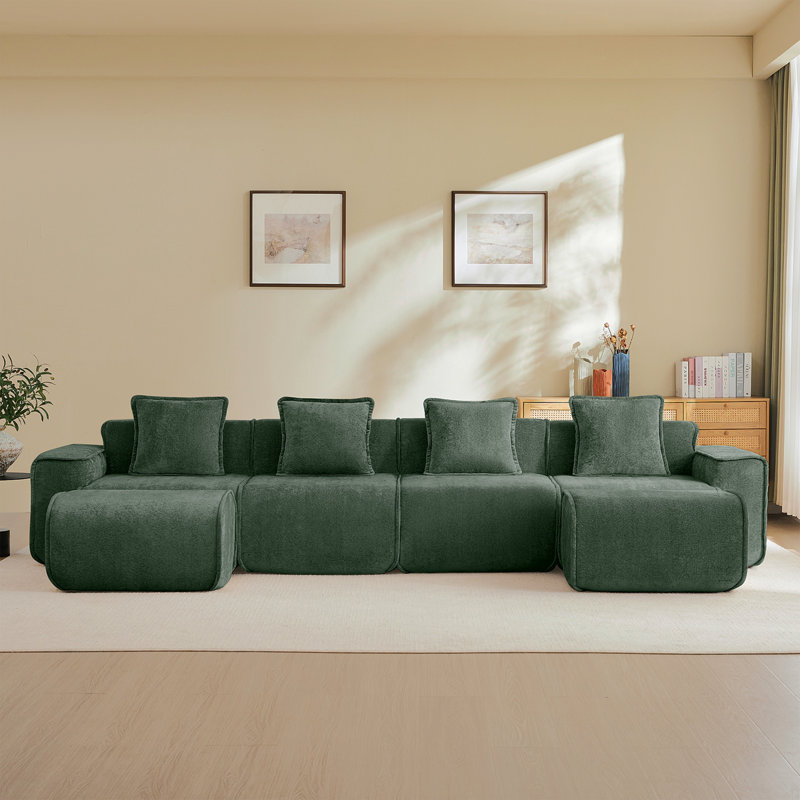 Canapé modulaire en U à 4 places avec passepoil à bordure française, sans assemblage requis, canapé à 4 places avec coussins décoratifs et 2 repose-pieds mobiles, tissu de velours vert