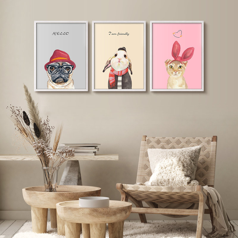 Décoration de chambre de bébé, chien lapin mignon, reproduction d'art encadrée, affiche pour chambre d'enfant, Blanc
