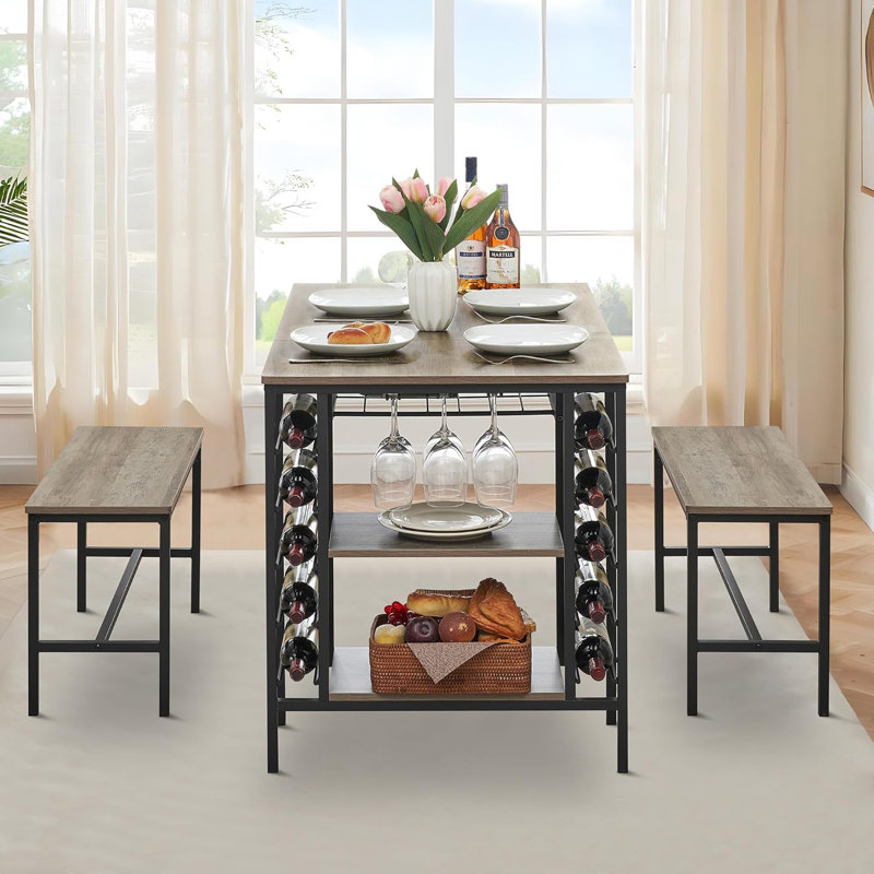 Ensemble de table de salle à manger 3 pièces rectangulaire avec support à vin, comprenant 2 bancs pour 4, idéal pour les petits espaces, les appartements et les dîners