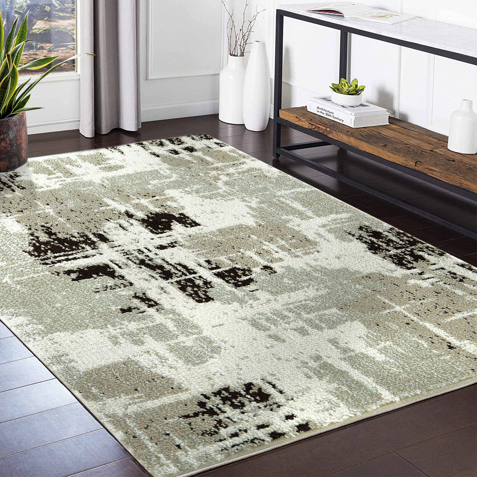 17 Stories Abstract Machine Made Polyester Area Rug in Beige/Brown ...