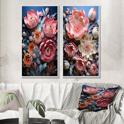 Tulips Neon Bloom Collage - Floral Wall Art Living Room Set Of 2