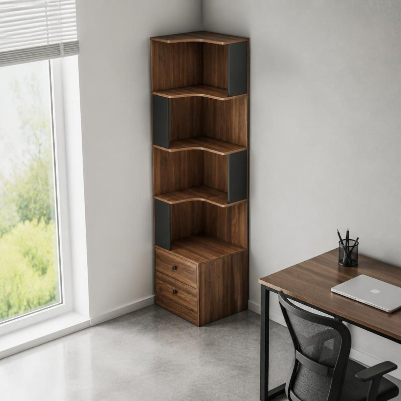 Bibliothèque de coin autoportante en forme de L à 4 niveaux avec tiroirs, barrières de sécurité et lumières à DEL intégrées, support de rangement ouvert polyvalent