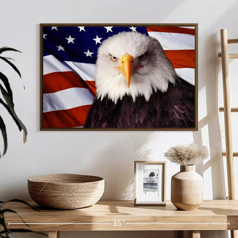 Drapeau américain, aigle à tête blanche, 25 po x 17 po, Cadre flottant en noyer