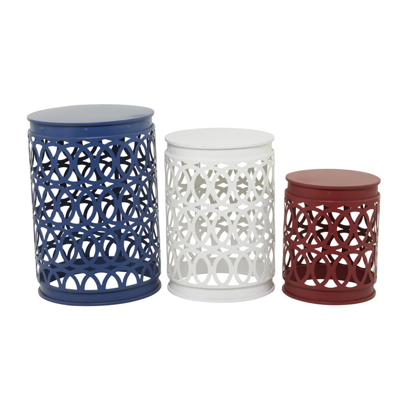 Metal Indoor Outdoor Nesting Side End Accent Table with Carved Trellis Design, Blue/White/Red