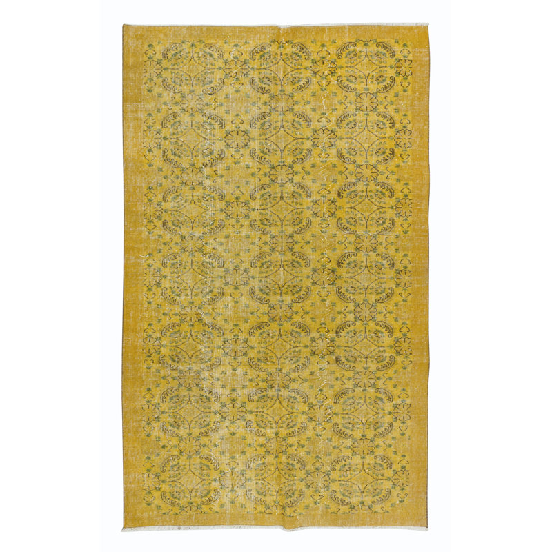 Tapis turc floral fait à la main 5,3 x 8,5 pi avec bordure jaune ambre et fond jaune moutarde