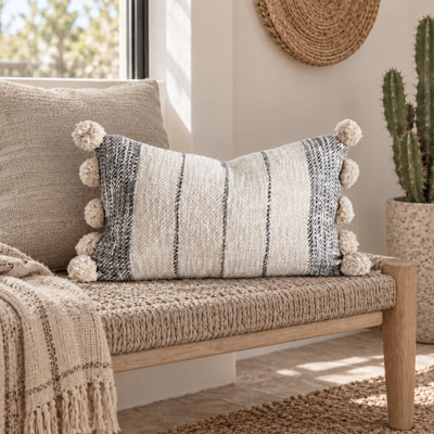 Boho Cotton Pom Pom Lumbar Pillow Cover Cream Gray 12 x 20