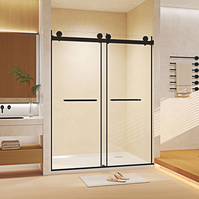 Porte de douche coulissante double sans cadre, Noir mat