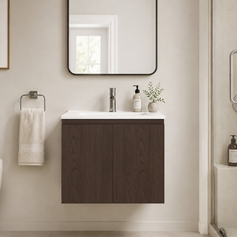 Meuble-lavabo flottant mural 24 po avec lavabo en céramique, noyer foncé, bois massif, Noyer foncé, 24"