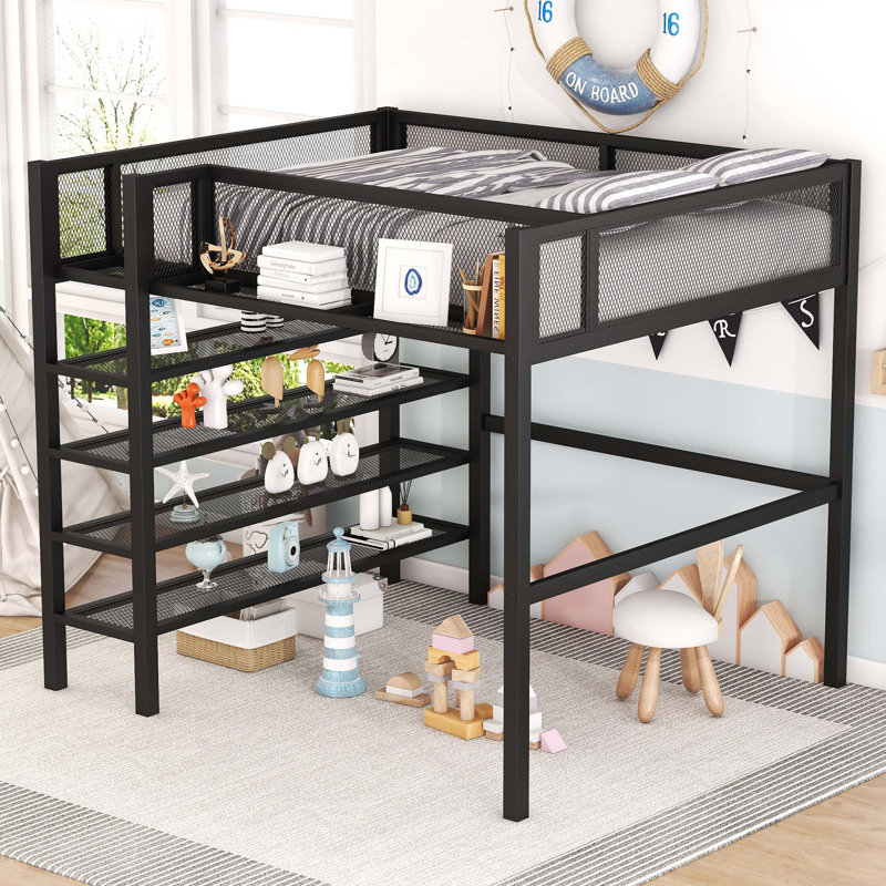 Lit mezzanine en métal avec tablettes à 4 niveaux et rangement, Noir