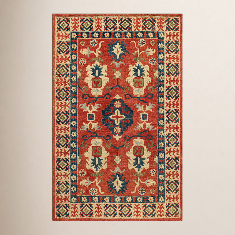Tapis de couleur terre de Sienne / bleu marine / beige touffeté à la main Adrien, Rectangulaire 2 pi x 3 pi