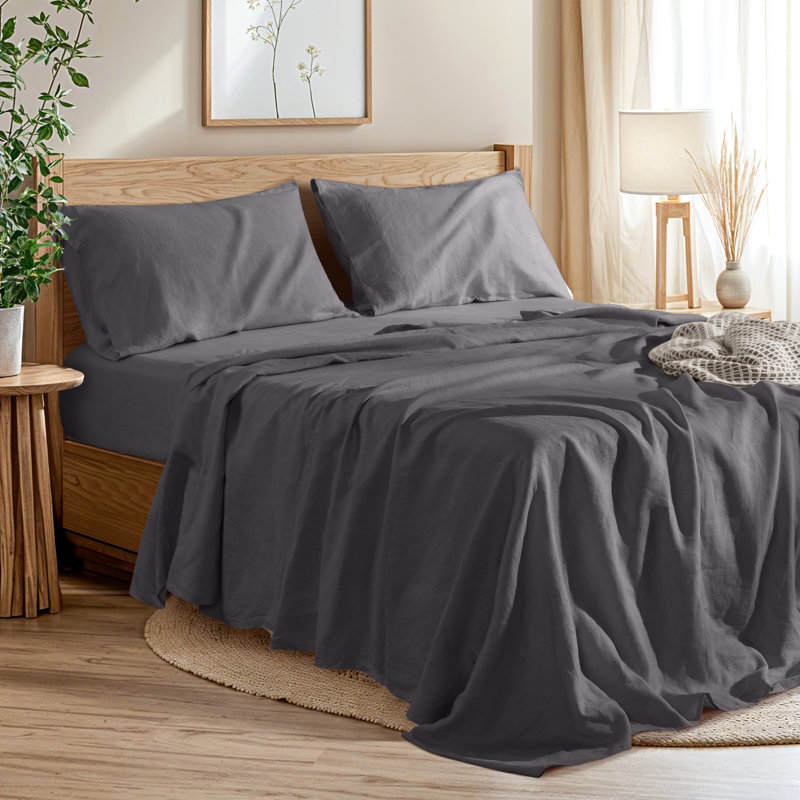 Natural Linen Cotton Bed Sheets Set，Deep Pocket- 4 Pcs, King, Dark Gray