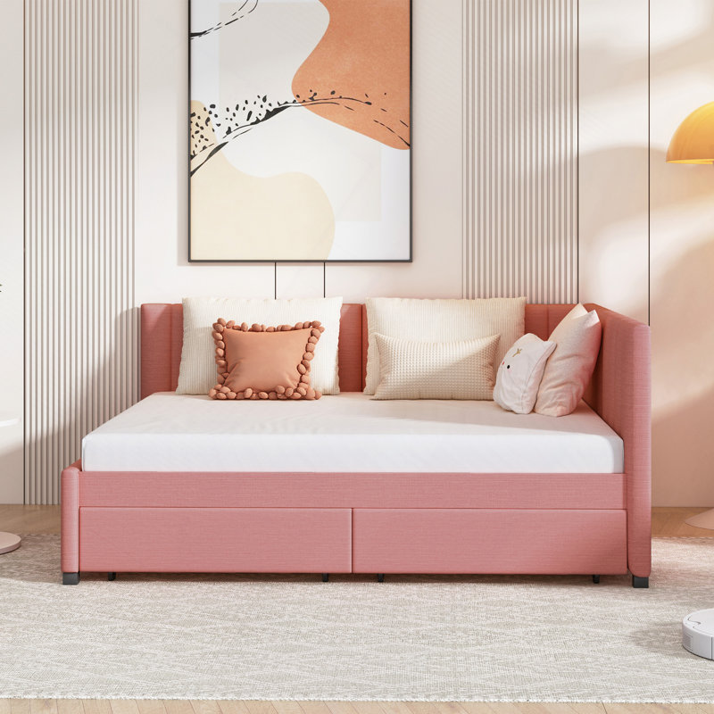 Lit de jour rembourré avec 2 tiroirs de rangement Robrick, Rose, Lit simple