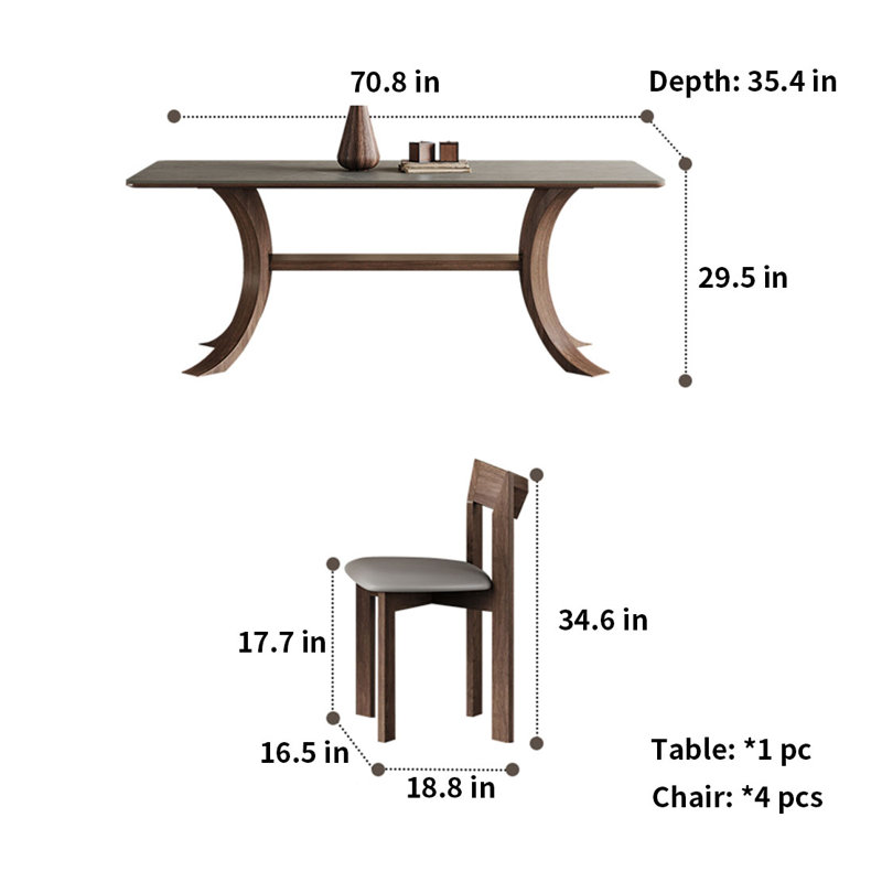 Ensemble de salle à manger en bois massif de style ancien avec chaises, 5 pièces: table, 4 chaises