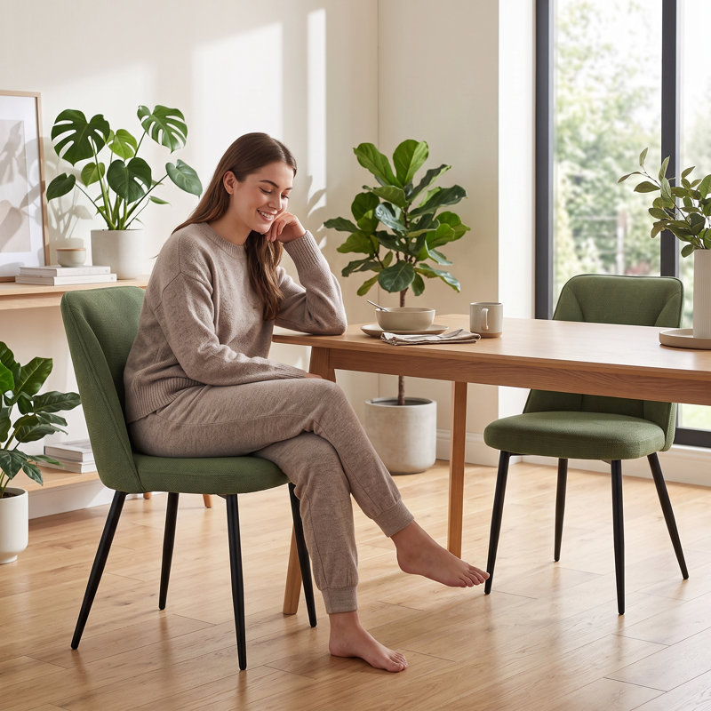 Modern Linen/Suede Upholstered Dining Chair with 8cm Thickened Cushion, Green Linen, 4