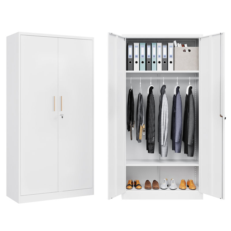 36 Inch Wide Metal Wardrobe Cabinets Storage Cabinets with Lock, White