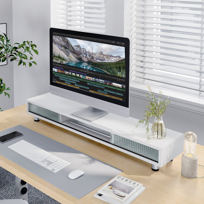 Long Monitor Stands Riser for 2 Monitors with Sliding Door, White
