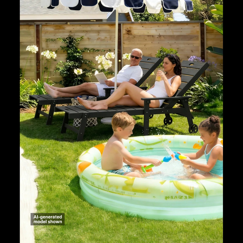 All-Weather HIPS Outdoor Patio Chaise Lounge Chair with 5 Positions Set of 2, Easy Installation Patio Chaise Lounger with Wide Arms & Rotating Cup Holders & Smooth Bearing Wheels for Pool/Poolside/Beach/Deck/Patio/Backyard, Black(set of 2)
