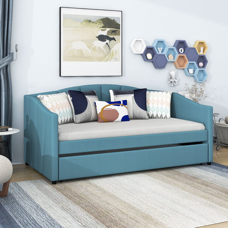 Mansueta Twin Size Upholstered Daybed with Trundle, Blue