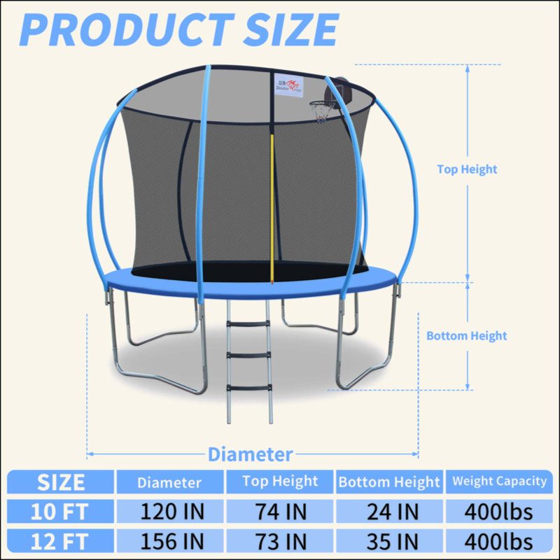 Mini trampoline de remise en forme pliable 12 pieds avec rampe pour adultes, capacité de 400 lb, cadre en fer rond, compact et portable pour les entraînements à domicile