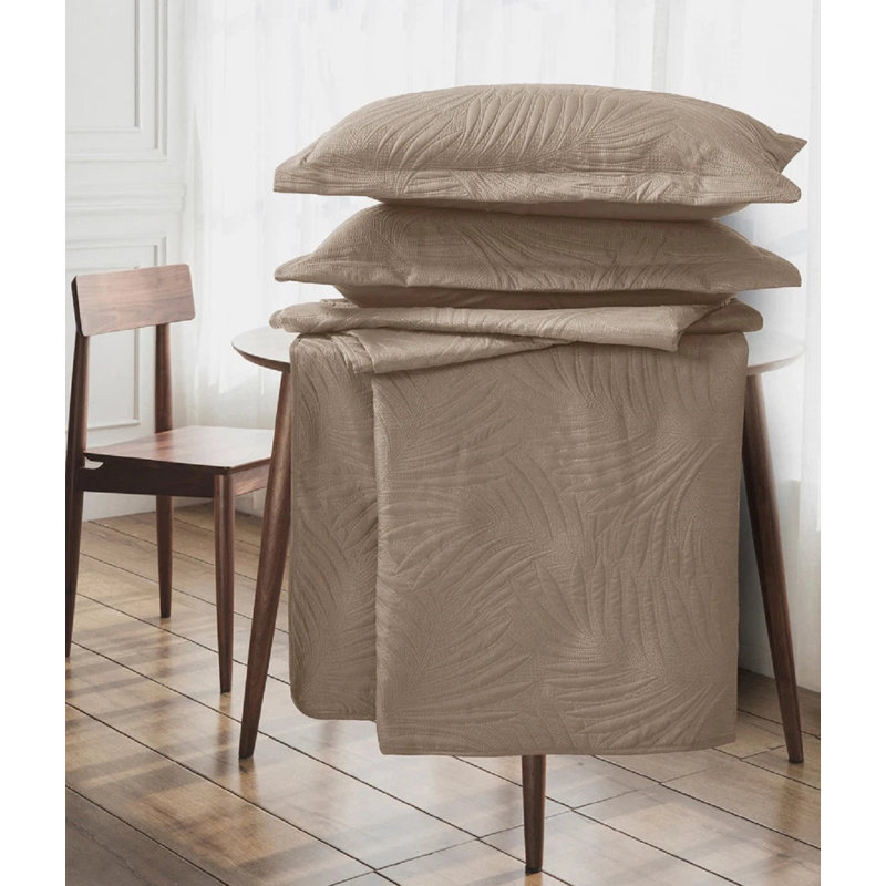 3 Piece Tropical Leaf Bedspreads Set Quilted Bed Throw with Matching Pillow Shams Polyester Material, Mink