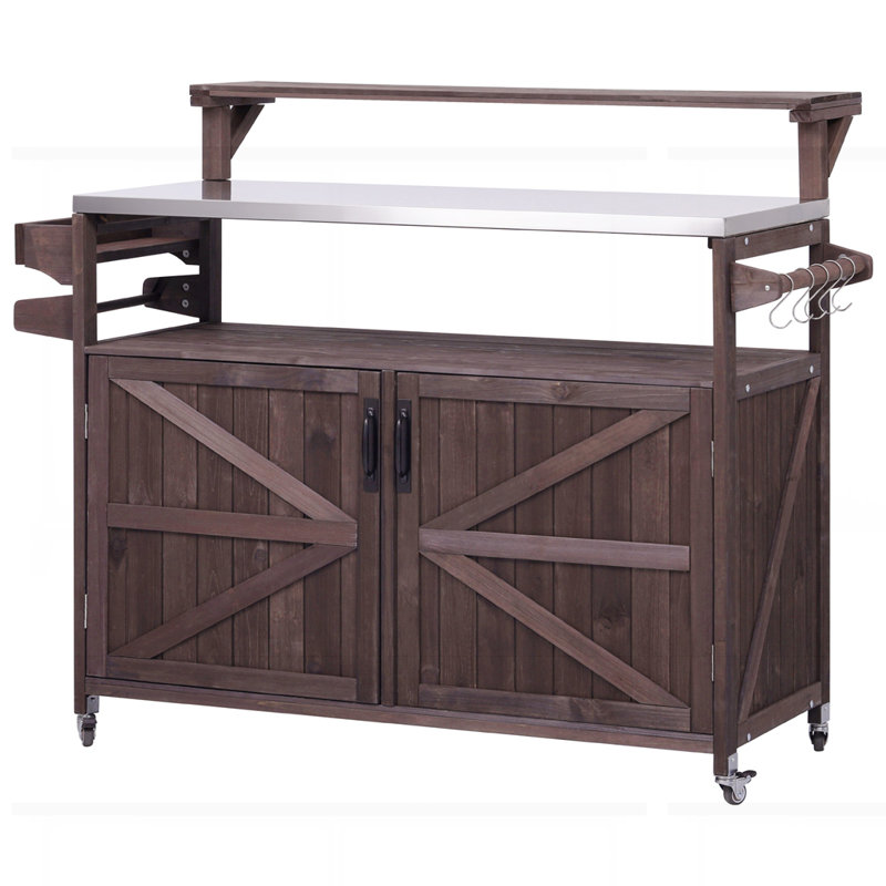Chariot de gril roulant extérieur avec support de rangement interne, Brun