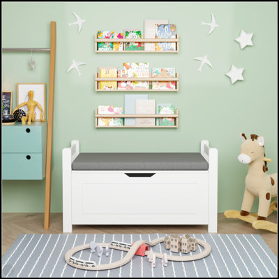 Kids Toy Box Chest With Cushion Seat, Large Storage Organizer With Flip-Top Lid And Safety Hinge For Nursery And Playroom