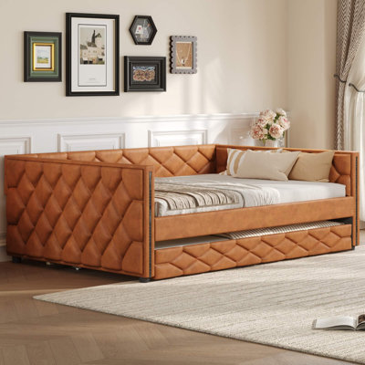 Full XL Upholstered Daybed With Trundle & LED Armrests, PU Leather Sofa Bed For Guest Room Or Living Room