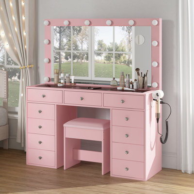 Pisklo Vanity desk & Power Outl, Makeup Vanity with Mirror and 12 LED Lights, Makeup Table with 11 Drawers, Vanity Table with Chair，Vanity Set 3 Lighting Modes Brightness Adjustable-(White)