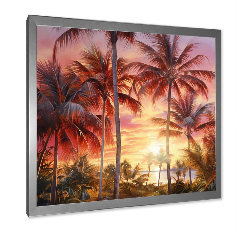 Rose radiance coucher de soleil palmiers IV, H 30 po x l 30 po x P 1 po, Cadre simple argenté