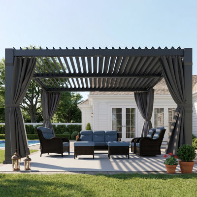 10×12FT Outdoor Aluminum Louvered Pergola, Solar LED Hardtop Gazebo With Adjustable Roof, Waterproof Curtains & Netting, Heavy-Duty Rust-Proof Frame, Hidden Drainage & Easy Assembly For Patio Backyard Garden