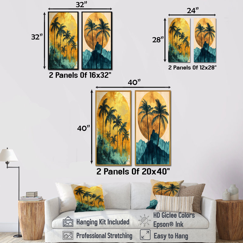 Palmiers émeraude sur un lever de soleil tropical doré - Collection de 2 panneaux de toiles florales, H 28 po x l 25 po