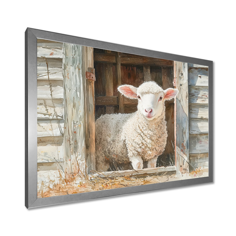 Portrait de vache et mouton à la grange II - vache, art mural, Argent argent, Cadre simple, H 12 po x l 20 po