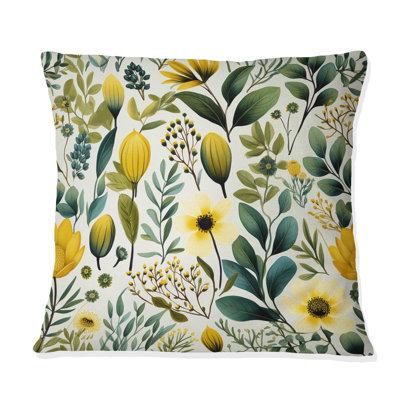 Botanical Ferns In Green And Yellow - Floral Printed Throw Pillow