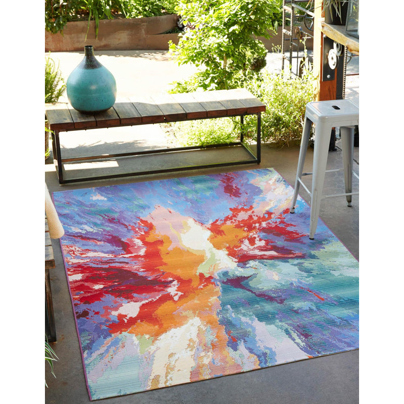 Tapis bleu / rouge / orange en polypropylène tissé à la machine Azaleea, Rectangle 9 pi x 12 pi