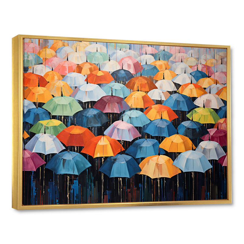 «Rainbow Umbrellas Collage I», reproduction sur toile, Cadre flottant doré, H 16 po x l 32 po x P 1 po