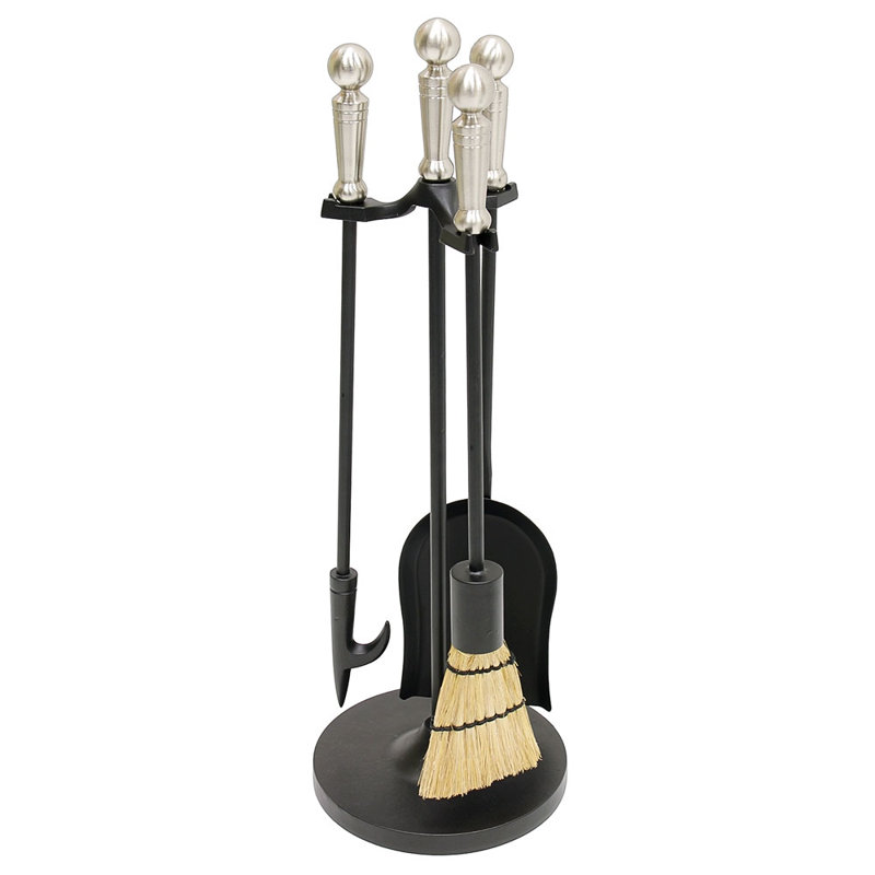 Reddin Iron Fireplace Tool Set, Satin Nickel Handles