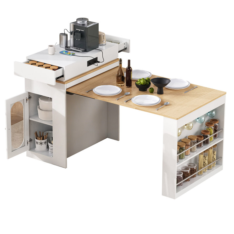 Îlot de cuisine 57,7 po avec plateau extensible sur roulettes, table de salle à manger, table de bar avec tiroirs et prise de courant pour la cuisine et la salle à manger