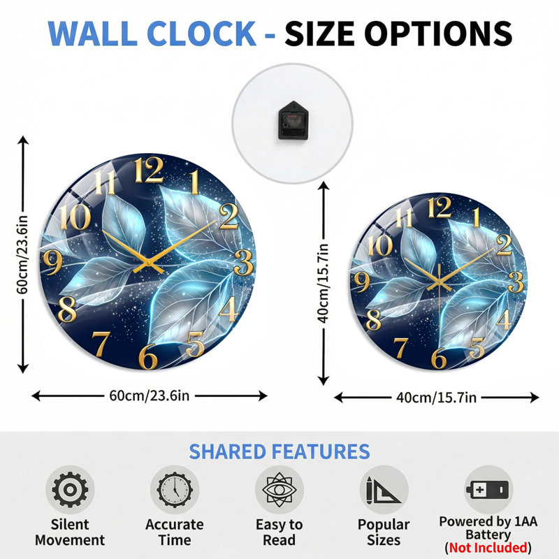 "Blue Leaves", horloge murale en verre, 60 x 60 cm (23,6 x 23,6 pouces)