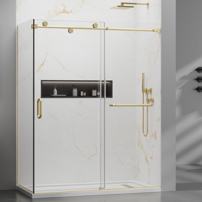 YTTSOYTS Frameless Corner Shower Door 60" x 76" with Side Panel 32" x 76", Nano-Coated Tempered Glass Shower Door Enclosure Single Sliding Door 5/16" Glass Thickness, Brushed Gold