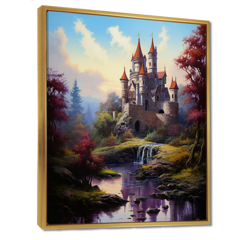 Art mural, château magique avec rivière d'automne - châteaux, H 20 po x l 12 po x P 1 po, Toile avec cadre flottant or