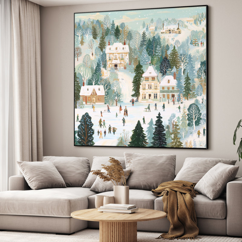 Très grande reproduction d'art sur toile - Winter Village, patinage sur glace, scène de vacances, décor de paysage pour le salon ou la chambre à coucher - «Assemblage requis du cadre (cadre non fini)»