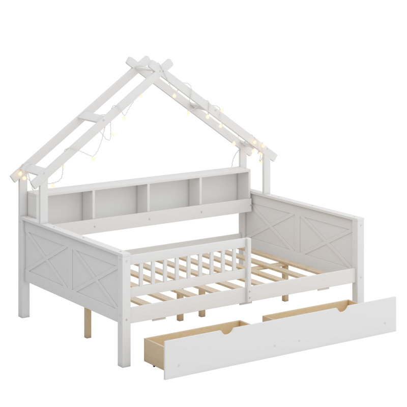 Lits plateforme en bois avec DEL, tablettes de rangement, tiroirs et garde-corps, Blanc