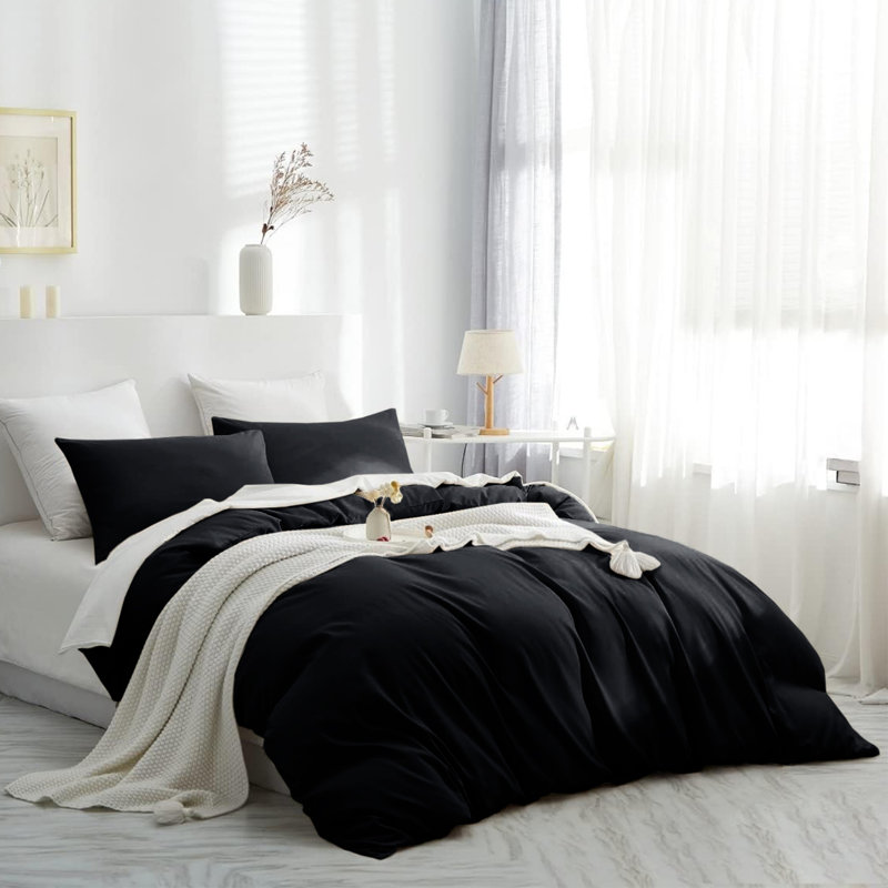 Housse de couette en microfibre moderne et contemporaine avec taies d'oreiller - Ensemble de literie douce et durable, Noir