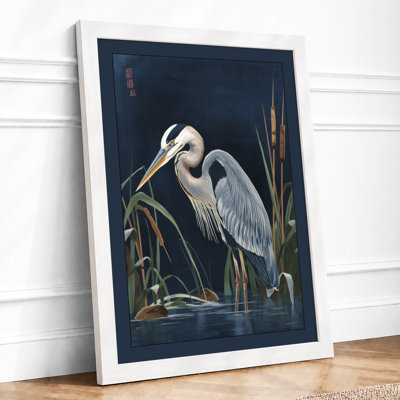 Heron in Reeds Coastal - Framed Print