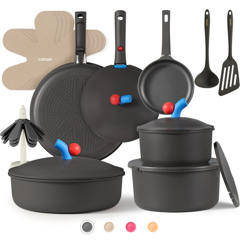Carote-24 Pieces Nonstick Cookware Set With Detachable Handles, Oven/dishwasher Safe, Grey