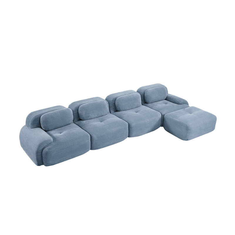 Blue Corduroy 4-Seat L-Shaped Modular Sectional Sofa with Chaise, No Assembly Required, 27.5" H x 151.9" W x 40.5" D