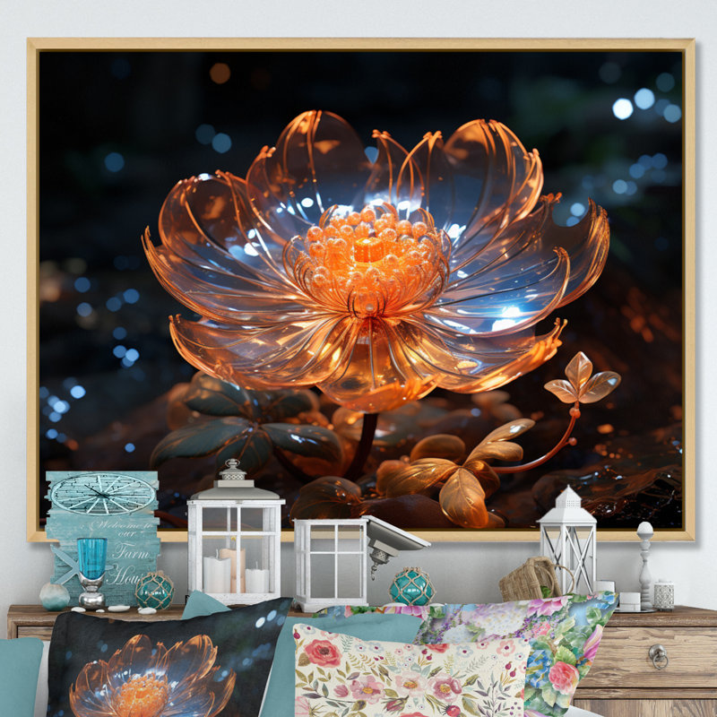 Fleurs de cristal orange III sur toile, H 16 po x l 32 po x P 1,5 po, Cadre naturel flottant