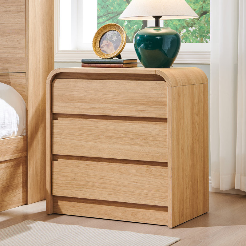  Maud 25" Tall Modern Nightstand with Charging Station, 23.6'' Wide Wood Bedside Table w/3 Storage Drawers, Natural