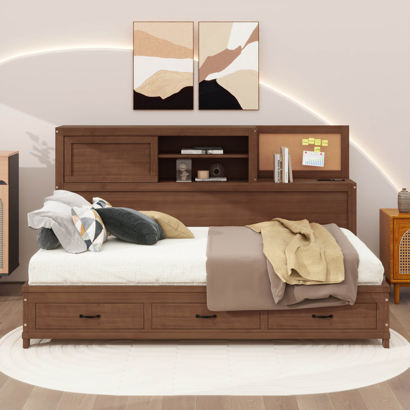 Lit de jour en bois Jacksten avec 3 tiroirs, tablette souple supérieure, tablette, prises et ports USB, Lit simple, Noyer